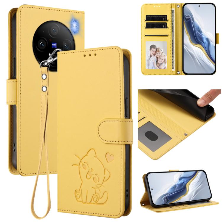 Embossed Heart Cat Leather Phone Case with Hand Strap, For vivo S19, For vivo Y28 4G Global, For vivo X100 Pro / vivo X100s Pro, For vivo X100s