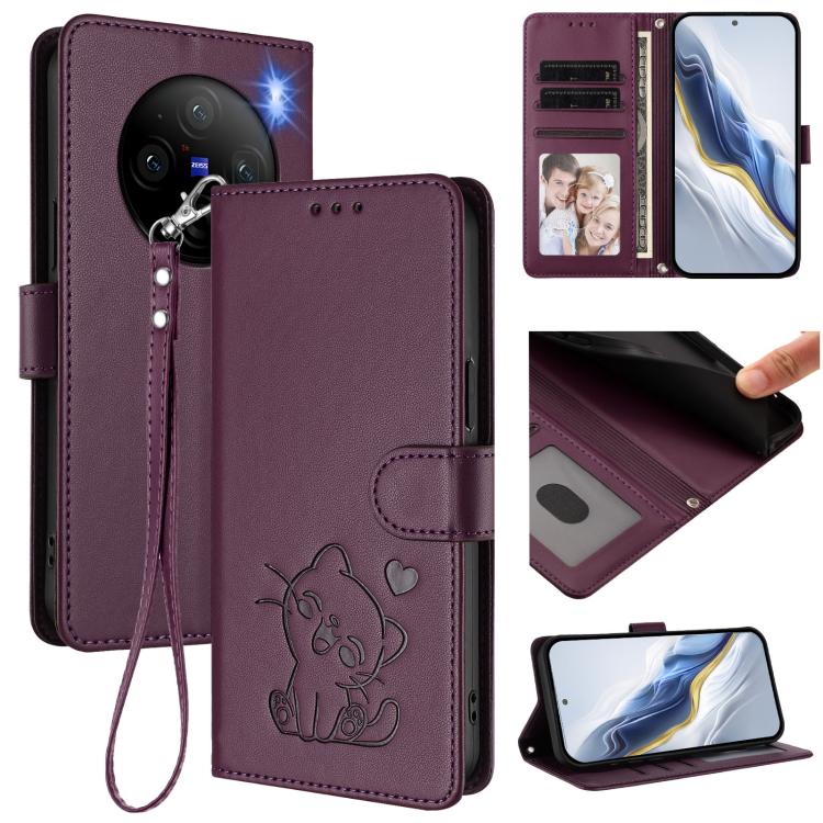 Embossed Heart Cat Leather Phone Case with Hand Strap, For vivo S19, For vivo Y28 4G Global, For vivo X100 Pro / vivo X100s Pro, For vivo X100s