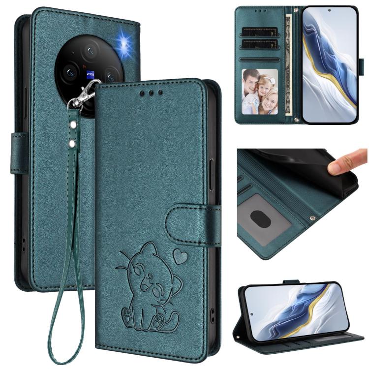 Embossed Heart Cat Leather Phone Case with Hand Strap, For vivo S19, For vivo Y28 4G Global, For vivo X100 Pro / vivo X100s Pro, For vivo X100s