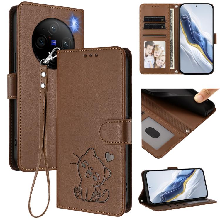 Embossed Heart Cat Leather Phone Case with Hand Strap, For vivo S19, For vivo Y28 4G Global, For vivo X100 Pro / vivo X100s Pro, For vivo X100s