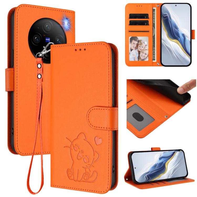 Embossed Heart Cat Leather Phone Case with Hand Strap, For vivo V29e / V30 Lite 5G / Y200 5G Global, For vivo X100, For vivo Y36 5G / 4G / Y27 / Y27s Global, For vivo S17 / S17 Pro / S17t / V29 / V29 Pro