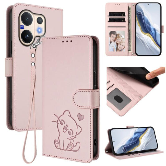 Embossed Heart Cat Leather Phone Case with Hand Strap, For vivo V60 5G Global, For vivo Y400 Pro 5G, For vivo X200 FE / vivo S30 Pro mini, For vivo S30