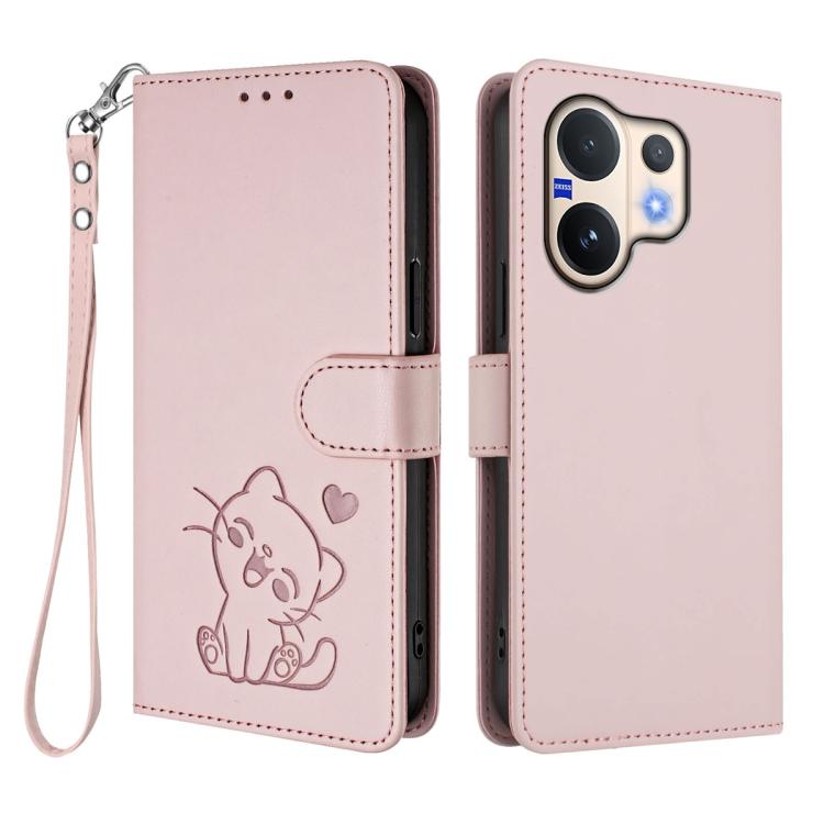 Embossed Heart Cat Leather Phone Case with Hand Strap, For vivo V60 5G Global, For vivo Y400 Pro 5G, For vivo X200 FE / vivo S30 Pro mini, For vivo S30