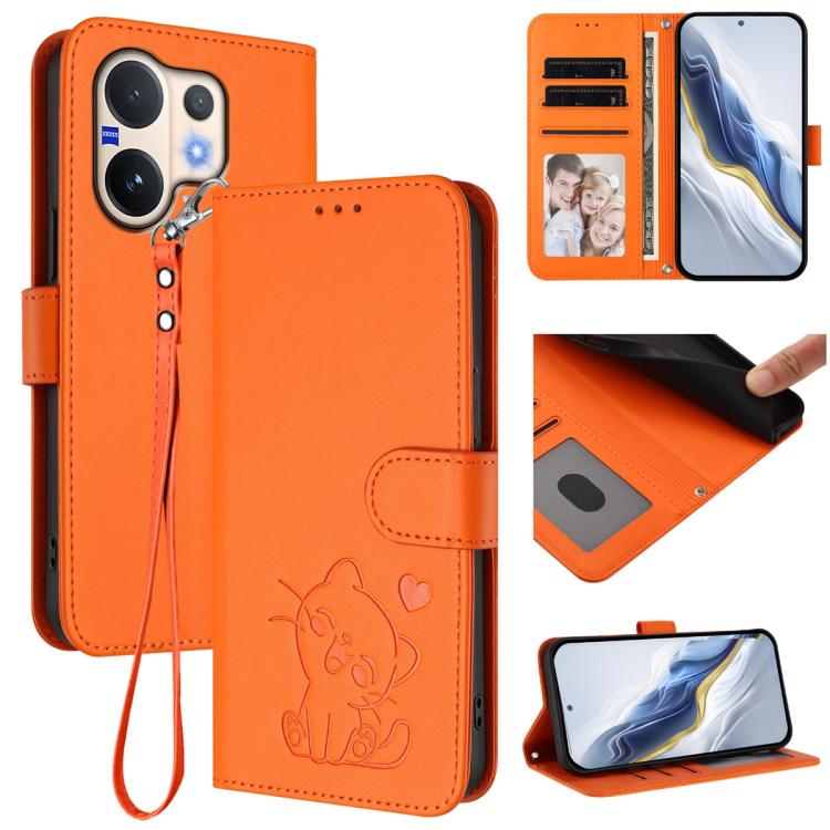 Embossed Heart Cat Leather Phone Case with Hand Strap, For vivo V60 5G Global, For vivo Y400 Pro 5G, For vivo X200 FE / vivo S30 Pro mini, For vivo S30