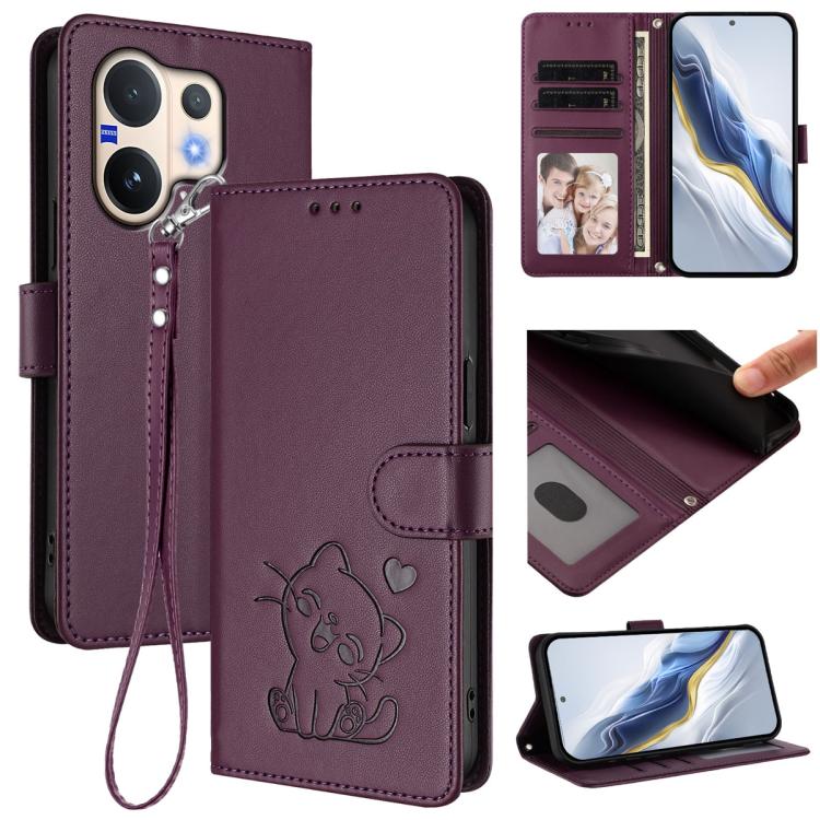 Embossed Heart Cat Leather Phone Case with Hand Strap, For vivo V60 5G Global, For vivo Y400 Pro 5G, For vivo X200 FE / vivo S30 Pro mini, For vivo S30