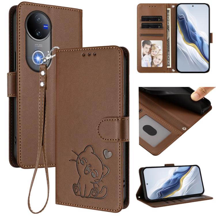 Embossed Heart Cat Leather Phone Case with Hand Strap, For vivo X200s, For vivo iQOO Z10 / Y300 Pro+ / T4, For vivo iQOO Z10x / Y29 4G / T4x / Y300t, For vivo V50 / vivo V50e