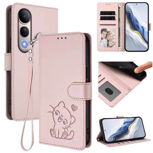 Embossed Heart Cat Leather Phone Case with Hand Strap, For vivo V50 Lite 4G / V50 Lite 5G, For vivo Y39 5G / vivo Y300i, For vivo Y29s 5G / vivo Y04 4G Global, For vivo Y19s / vivo Y29 5G