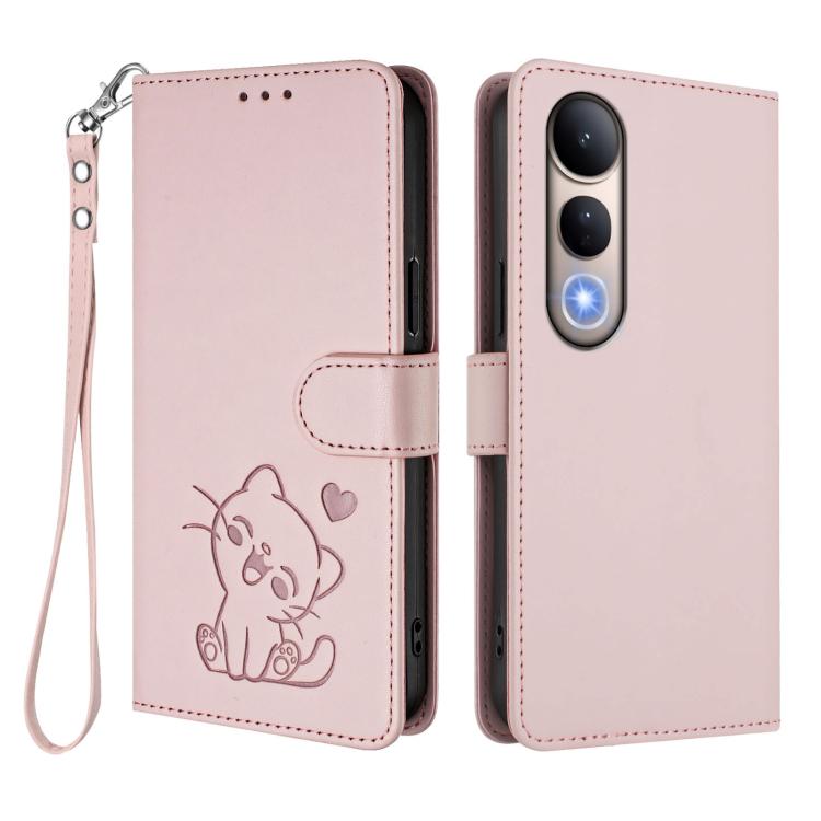 Embossed Heart Cat Leather Phone Case with Hand Strap, For vivo V50 Lite 4G / V50 Lite 5G, For vivo Y39 5G / vivo Y300i, For vivo Y29s 5G / vivo Y04 4G Global, For vivo Y19s / vivo Y29 5G