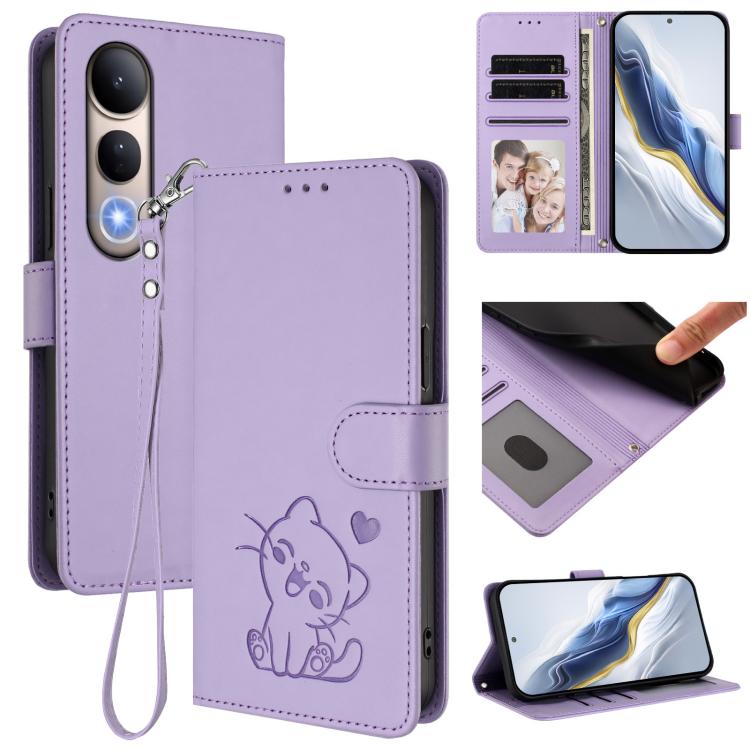 Embossed Heart Cat Leather Phone Case with Hand Strap, For vivo V50 Lite 4G / V50 Lite 5G, For vivo Y39 5G / vivo Y300i, For vivo Y29s 5G / vivo Y04 4G Global, For vivo Y19s / vivo Y29 5G