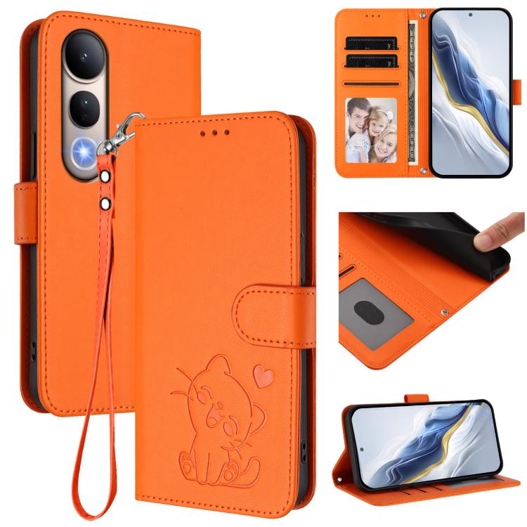Embossed Heart Cat Leather Phone Case with Hand Strap, For vivo V50 Lite 4G / V50 Lite 5G, For vivo Y39 5G / vivo Y300i, For vivo Y29s 5G / vivo Y04 4G Global, For vivo Y19s / vivo Y29 5G