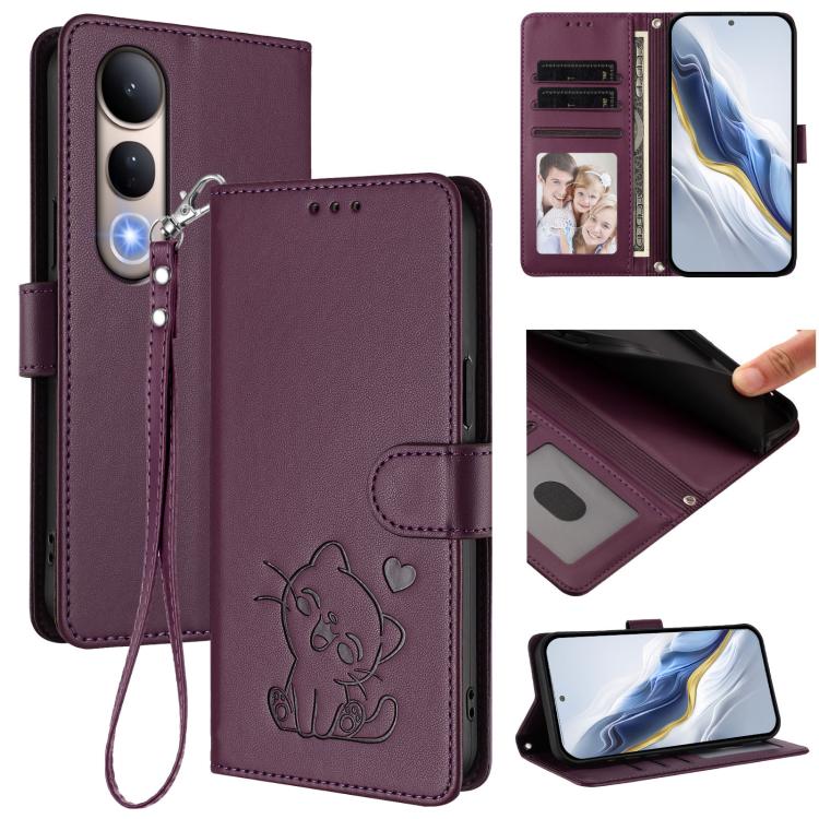 Embossed Heart Cat Leather Phone Case with Hand Strap, For vivo V50 Lite 4G / V50 Lite 5G, For vivo Y39 5G / vivo Y300i, For vivo Y29s 5G / vivo Y04 4G Global, For vivo Y19s / vivo Y29 5G