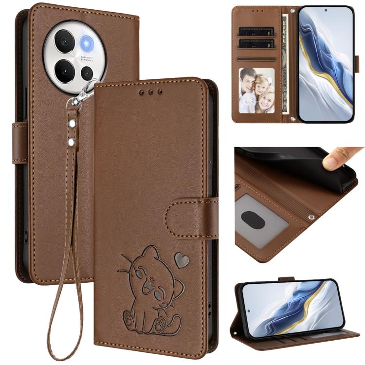 Embossed Heart Cat Leather Phone Case with Hand Strap, For vivo S19 Pro / V40 / V40 Pro / T3 Ultra, For vivo iQOO Z9 Lite / Y18 / Y28s / Y37m 5G, For vivo iQOO Z9s Pro / vivo T3 Pro 5G, For vivo V40 Lite 5G / vivo V30e