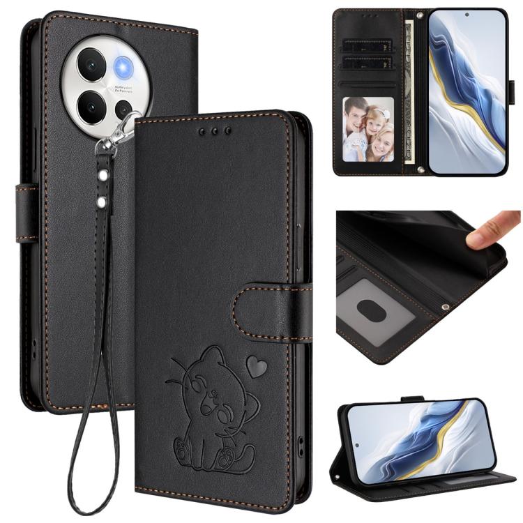 Embossed Heart Cat Leather Phone Case with Hand Strap, For vivo S19 Pro / V40 / V40 Pro / T3 Ultra, For vivo iQOO Z9 Lite / Y18 / Y28s / Y37m 5G, For vivo iQOO Z9s Pro / vivo T3 Pro 5G, For vivo V40 Lite 5G / vivo V30e