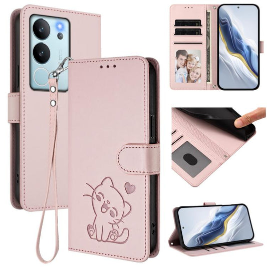 Embossed Heart Cat Leather Phone Case with Hand Strap, For vivo V29e / V30 Lite 5G / Y200 5G Global, For vivo X100, For vivo Y36 5G / 4G / Y27 / Y27s Global, For vivo S17 / S17 Pro / S17t / V29 / V29 Pro