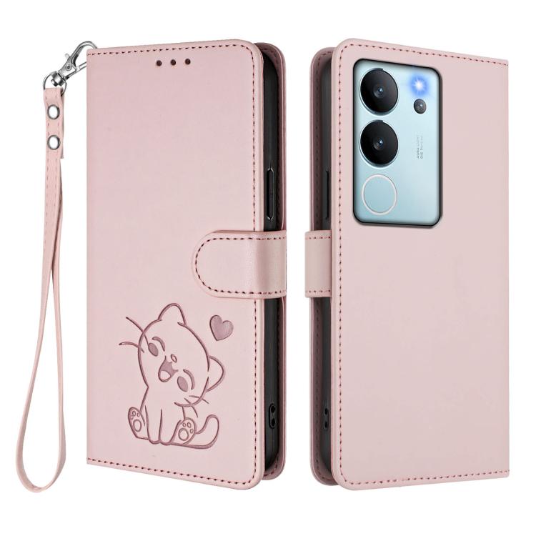 Embossed Heart Cat Leather Phone Case with Hand Strap, For vivo V29e / V30 Lite 5G / Y200 5G Global, For vivo X100, For vivo Y36 5G / 4G / Y27 / Y27s Global, For vivo S17 / S17 Pro / S17t / V29 / V29 Pro