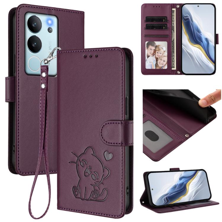 Embossed Heart Cat Leather Phone Case with Hand Strap, For vivo V29e / V30 Lite 5G / Y200 5G Global, For vivo X100, For vivo Y36 5G / 4G / Y27 / Y27s Global, For vivo S17 / S17 Pro / S17t / V29 / V29 Pro