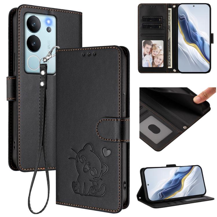 Embossed Heart Cat Leather Phone Case with Hand Strap, For vivo V29e / V30 Lite 5G / Y200 5G Global, For vivo X100, For vivo Y36 5G / 4G / Y27 / Y27s Global, For vivo S17 / S17 Pro / S17t / V29 / V29 Pro