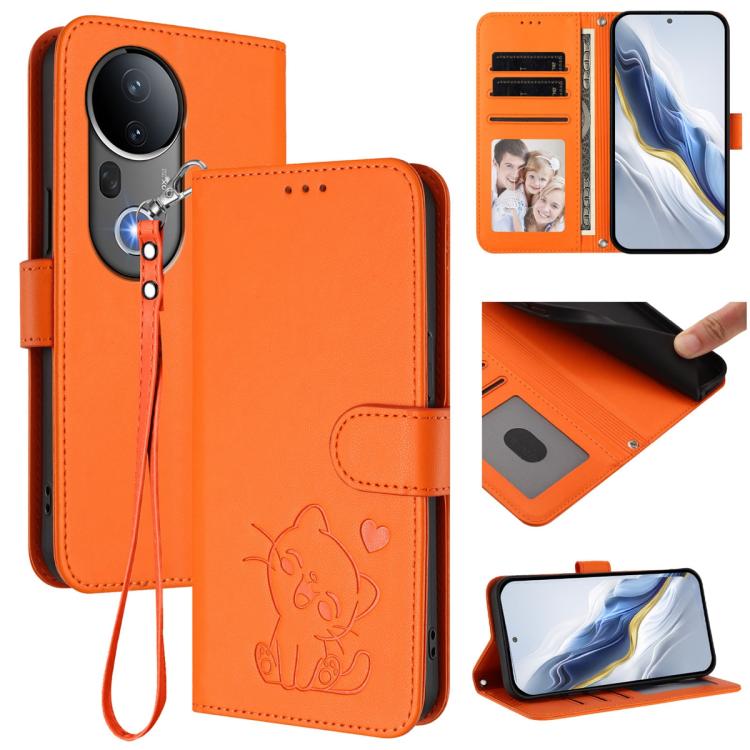 Embossed Heart Cat Leather Phone Case with Hand Strap, For vivo S20, For vivo S20 Pro, For vivo Y300 / V40 Lite 4G / 5G IDN, For vivo X200