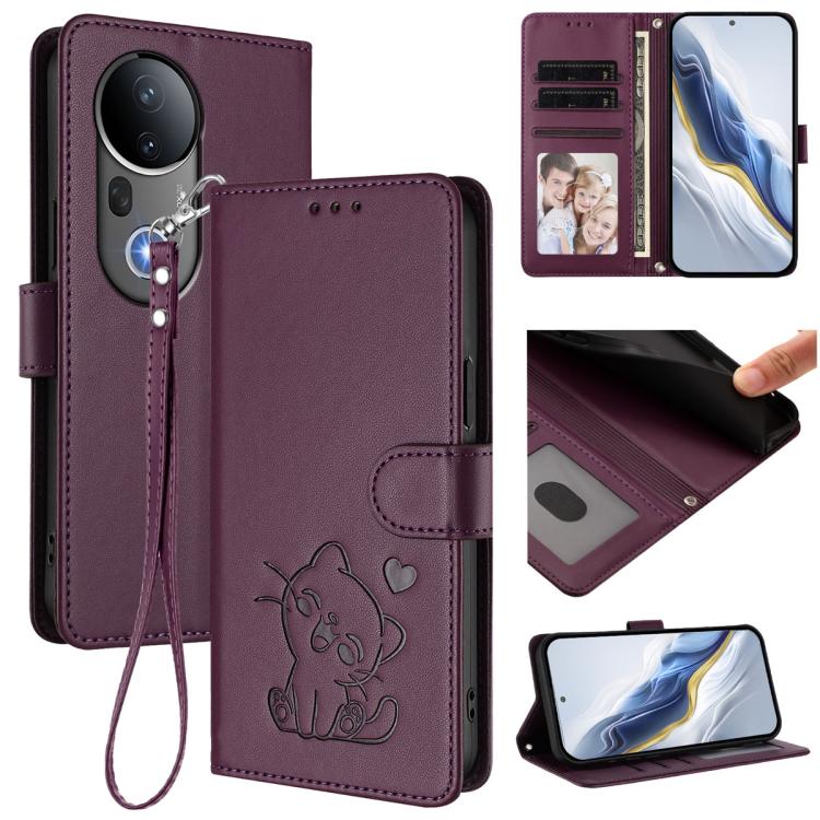 Embossed Heart Cat Leather Phone Case with Hand Strap, For vivo S20, For vivo S20 Pro, For vivo Y300 / V40 Lite 4G / 5G IDN, For vivo X200