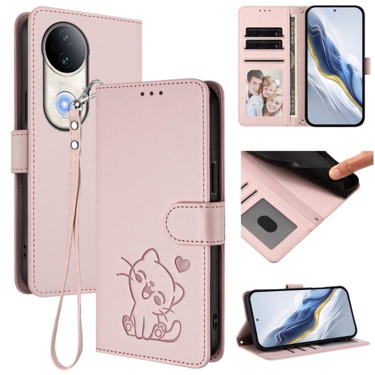 Embossed Heart Cat Leather Phone Case with Hand Strap, For vivo S20, For vivo S20 Pro, For vivo Y300 / V40 Lite 4G / 5G IDN, For vivo X200