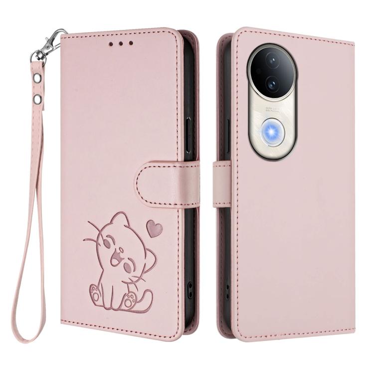 Embossed Heart Cat Leather Phone Case with Hand Strap, For vivo S20, For vivo S20 Pro, For vivo Y300 / V40 Lite 4G / 5G IDN, For vivo X200