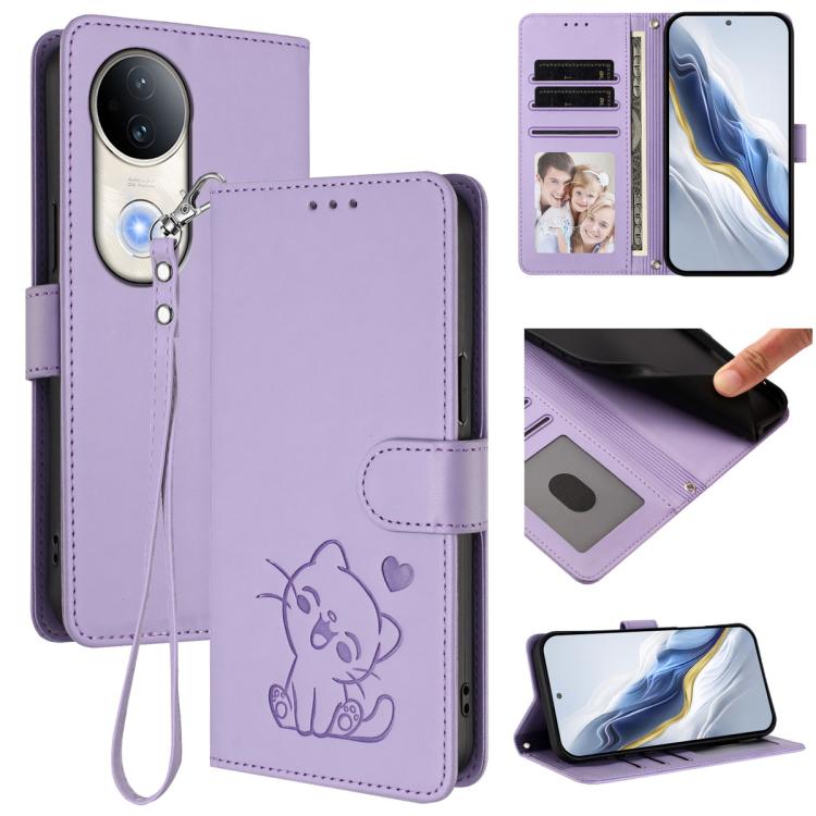 Embossed Heart Cat Leather Phone Case with Hand Strap, For vivo S20, For vivo S20 Pro, For vivo Y300 / V40 Lite 4G / 5G IDN, For vivo X200