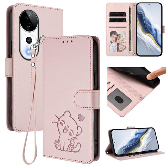 Embossed Heart Cat Leather Phone Case with Hand Strap, For vivo S19 Pro / V40 / V40 Pro / T3 Ultra, For vivo iQOO Z9 Lite / Y18 / Y28s / Y37m 5G, For vivo iQOO Z9s Pro / vivo T3 Pro 5G, For vivo V40 Lite 5G / vivo V30e