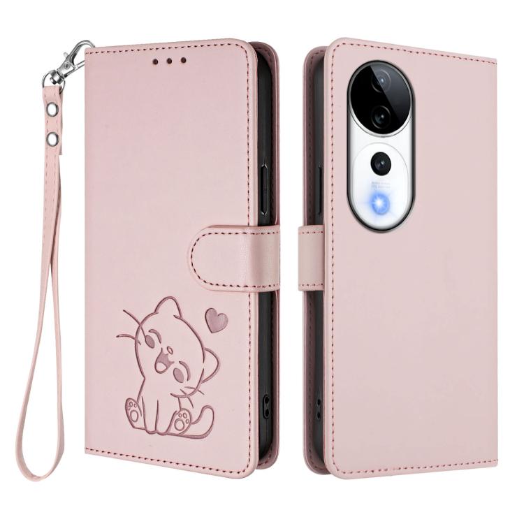 Embossed Heart Cat Leather Phone Case with Hand Strap, For vivo S19 Pro / V40 / V40 Pro / T3 Ultra, For vivo iQOO Z9 Lite / Y18 / Y28s / Y37m 5G, For vivo iQOO Z9s Pro / vivo T3 Pro 5G, For vivo V40 Lite 5G / vivo V30e
