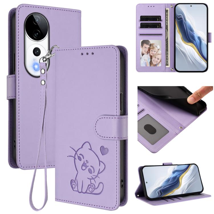 Embossed Heart Cat Leather Phone Case with Hand Strap, For vivo S19 Pro / V40 / V40 Pro / T3 Ultra, For vivo iQOO Z9 Lite / Y18 / Y28s / Y37m 5G, For vivo iQOO Z9s Pro / vivo T3 Pro 5G, For vivo V40 Lite 5G / vivo V30e