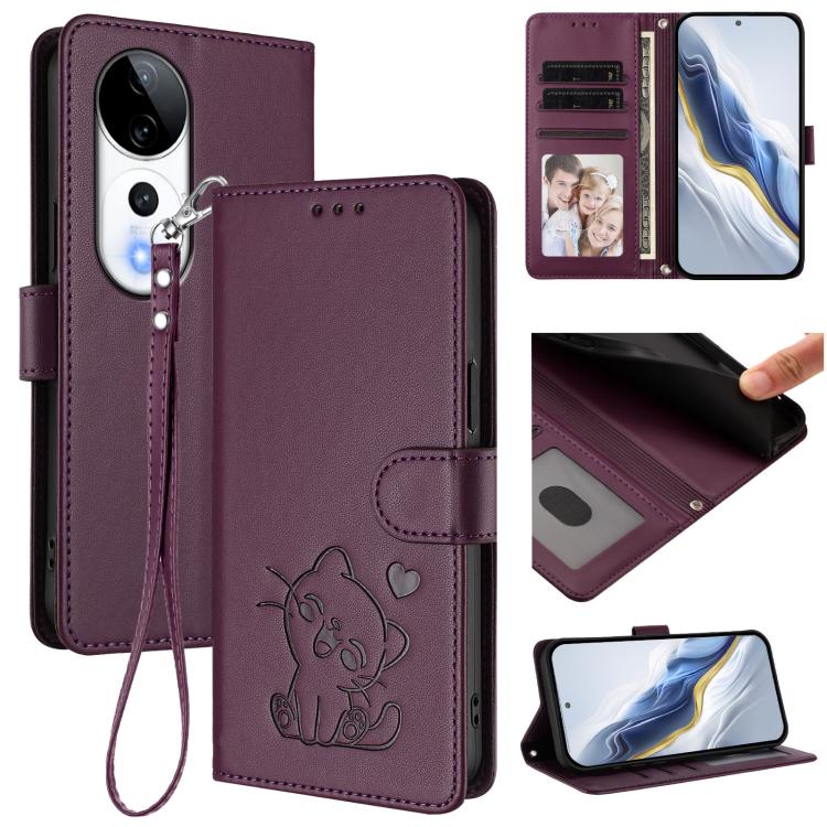 Embossed Heart Cat Leather Phone Case with Hand Strap, For vivo S19 Pro / V40 / V40 Pro / T3 Ultra, For vivo iQOO Z9 Lite / Y18 / Y28s / Y37m 5G, For vivo iQOO Z9s Pro / vivo T3 Pro 5G, For vivo V40 Lite 5G / vivo V30e