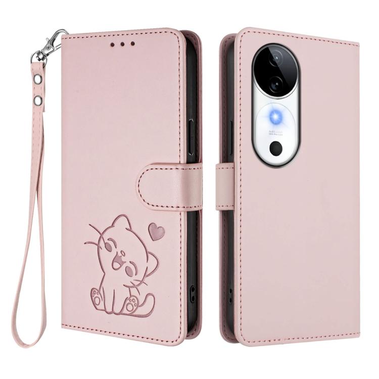 Embossed Heart Cat Leather Phone Case with Hand Strap, For vivo S19, For vivo Y28 4G Global, For vivo X100 Pro / vivo X100s Pro, For vivo X100s