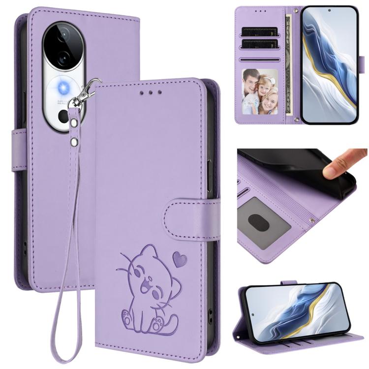 Embossed Heart Cat Leather Phone Case with Hand Strap, For vivo S19, For vivo Y28 4G Global, For vivo X100 Pro / vivo X100s Pro, For vivo X100s
