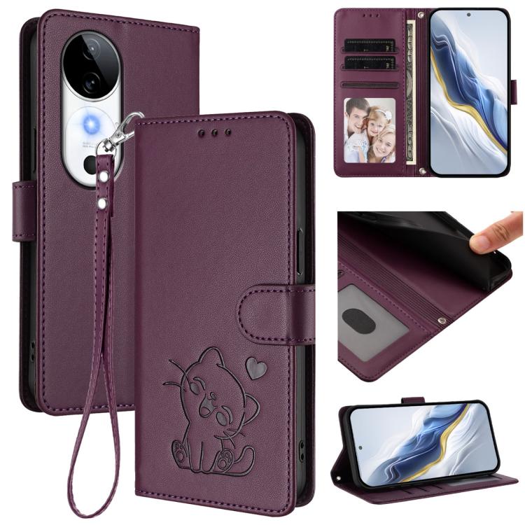 Embossed Heart Cat Leather Phone Case with Hand Strap, For vivo S19, For vivo Y28 4G Global, For vivo X100 Pro / vivo X100s Pro, For vivo X100s
