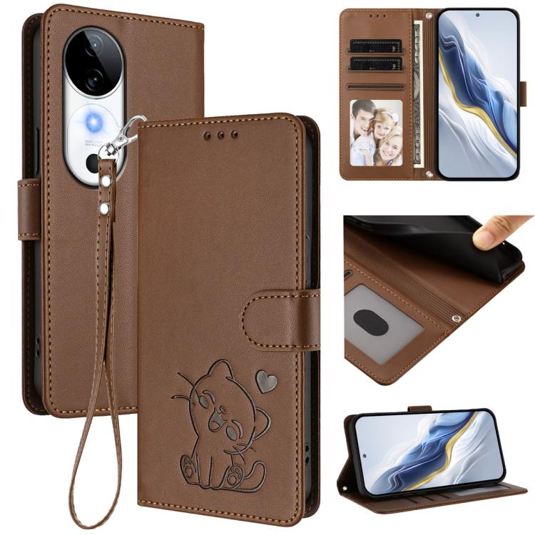 Embossed Heart Cat Leather Phone Case with Hand Strap, For vivo S19, For vivo Y28 4G Global, For vivo X100 Pro / vivo X100s Pro, For vivo X100s