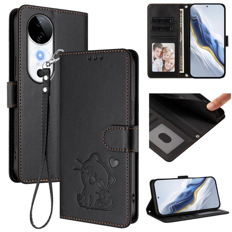 Embossed Heart Cat Leather Phone Case with Hand Strap, For vivo S19, For vivo Y28 4G Global, For vivo X100 Pro / vivo X100s Pro, For vivo X100s
