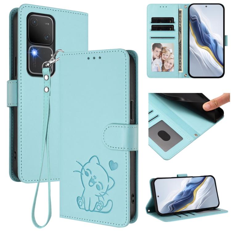 Embossed Heart Cat Leather Phone Case with Hand Strap, For vivo Y38 / vivo T3x Global, For vivo iQOO Z9x, For vivo iQOO Z9 / iQOO Z9 Turbo, For vivo S18 / S18 Pro / V30 / V30 Pro