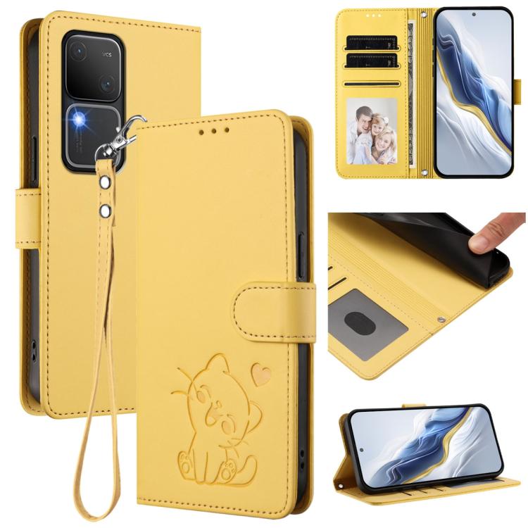 Embossed Heart Cat Leather Phone Case with Hand Strap, For vivo Y38 / vivo T3x Global, For vivo iQOO Z9x, For vivo iQOO Z9 / iQOO Z9 Turbo, For vivo S18 / S18 Pro / V30 / V30 Pro