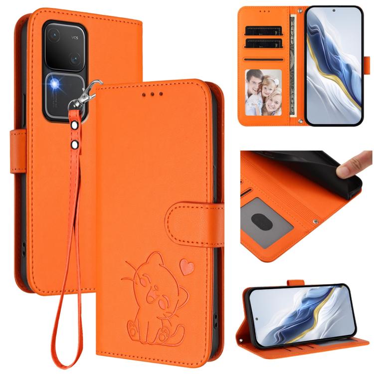 Embossed Heart Cat Leather Phone Case with Hand Strap, For vivo Y38 / vivo T3x Global, For vivo iQOO Z9x, For vivo iQOO Z9 / iQOO Z9 Turbo, For vivo S18 / S18 Pro / V30 / V30 Pro