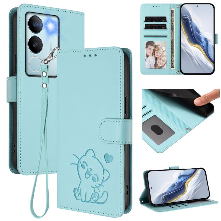 Embossed Heart Cat Leather Phone Case with Hand Strap, For vivo V29e / V30 Lite 5G / Y200 5G Global, For vivo X100, For vivo Y36 5G / 4G / Y27 / Y27s Global, For vivo S17 / S17 Pro / S17t / V29 / V29 Pro