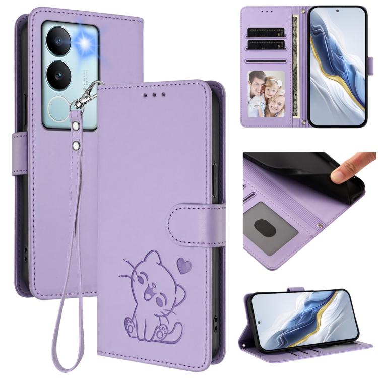 Embossed Heart Cat Leather Phone Case with Hand Strap, For vivo V29e / V30 Lite 5G / Y200 5G Global, For vivo X100, For vivo Y36 5G / 4G / Y27 / Y27s Global, For vivo S17 / S17 Pro / S17t / V29 / V29 Pro