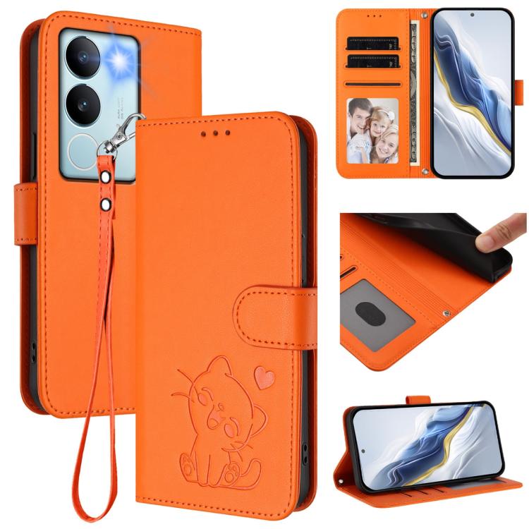 Embossed Heart Cat Leather Phone Case with Hand Strap, For vivo V29e / V30 Lite 5G / Y200 5G Global, For vivo X100, For vivo Y36 5G / 4G / Y27 / Y27s Global, For vivo S17 / S17 Pro / S17t / V29 / V29 Pro