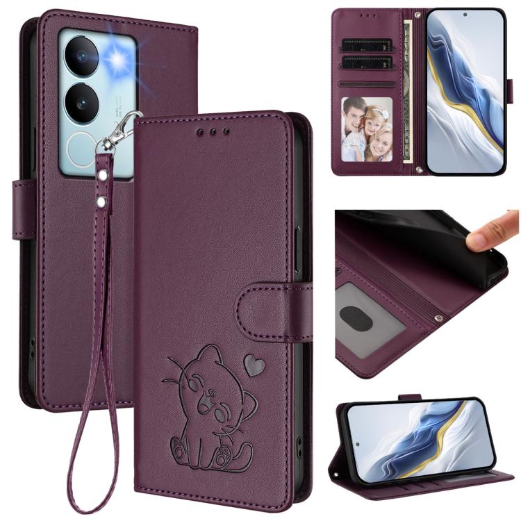 Embossed Heart Cat Leather Phone Case with Hand Strap, For vivo V29e / V30 Lite 5G / Y200 5G Global, For vivo X100, For vivo Y36 5G / 4G / Y27 / Y27s Global, For vivo S17 / S17 Pro / S17t / V29 / V29 Pro