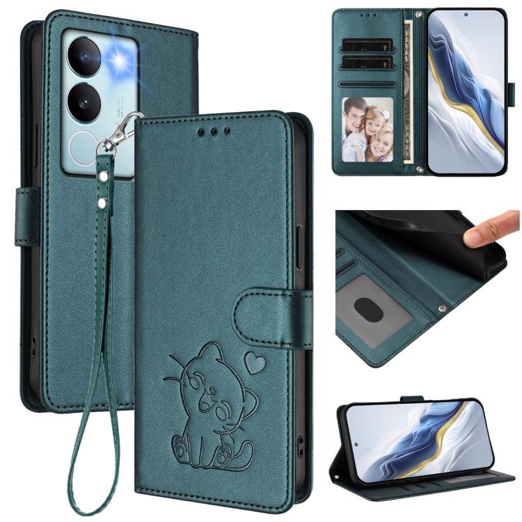 Embossed Heart Cat Leather Phone Case with Hand Strap, For vivo V29e / V30 Lite 5G / Y200 5G Global, For vivo X100, For vivo Y36 5G / 4G / Y27 / Y27s Global, For vivo S17 / S17 Pro / S17t / V29 / V29 Pro