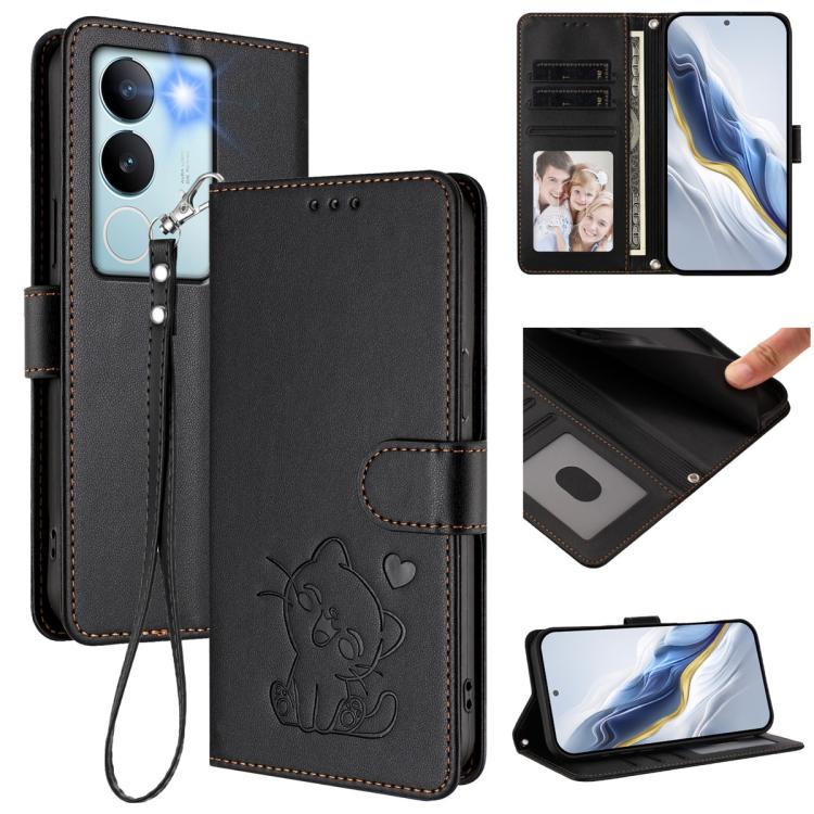 Embossed Heart Cat Leather Phone Case with Hand Strap, For vivo V29e / V30 Lite 5G / Y200 5G Global, For vivo X100, For vivo Y36 5G / 4G / Y27 / Y27s Global, For vivo S17 / S17 Pro / S17t / V29 / V29 Pro