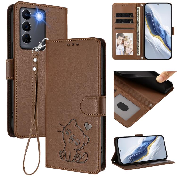 Embossed Heart Cat Leather Phone Case with Hand Strap, For vivo Y100 5G / vivo Y100A Global, For vivo S16 / S16 Pro / V27 / V27 Pro, For vivo S16e / V27e / T2, For vivo Y35 4G / Y22 / Y22s / Y77 / Y77e
