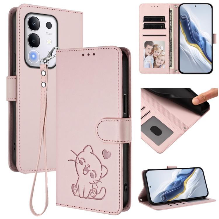 Embossed Heart Cat Leather Phone Case with Hand Strap, For vivo X200s, For vivo iQOO Z10 / Y300 Pro+ / T4, For vivo iQOO Z10x / Y29 4G / T4x / Y300t, For vivo V50 / vivo V50e
