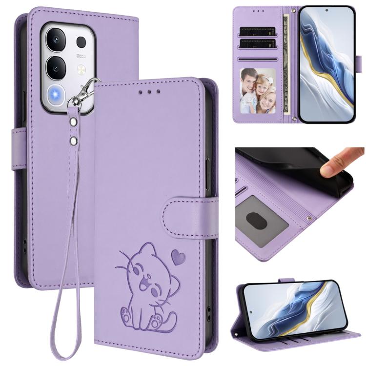 Embossed Heart Cat Leather Phone Case with Hand Strap, For vivo X200s, For vivo iQOO Z10 / Y300 Pro+ / T4, For vivo iQOO Z10x / Y29 4G / T4x / Y300t, For vivo V50 / vivo V50e