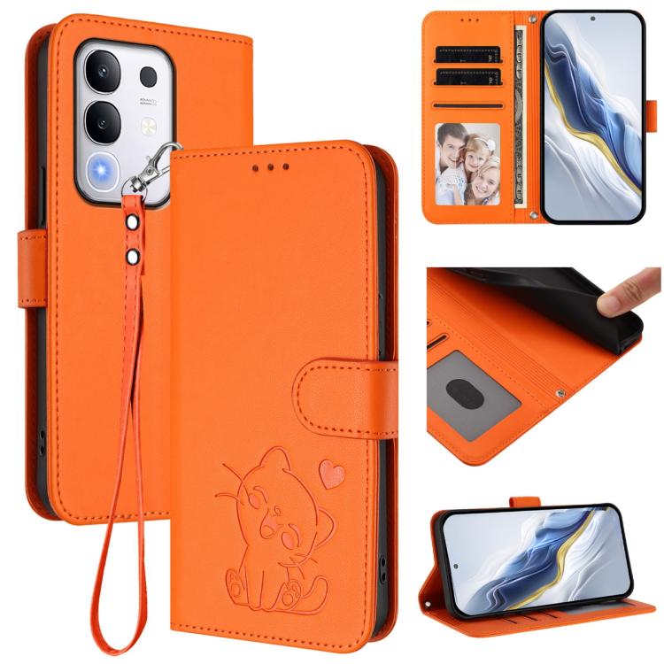 Embossed Heart Cat Leather Phone Case with Hand Strap, For vivo X200s, For vivo iQOO Z10 / Y300 Pro+ / T4, For vivo iQOO Z10x / Y29 4G / T4x / Y300t, For vivo V50 / vivo V50e
