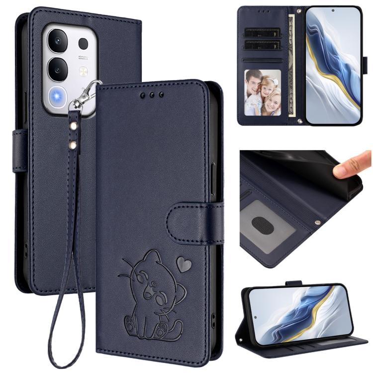 Embossed Heart Cat Leather Phone Case with Hand Strap, For vivo X200s, For vivo iQOO Z10 / Y300 Pro+ / T4, For vivo iQOO Z10x / Y29 4G / T4x / Y300t, For vivo V50 / vivo V50e