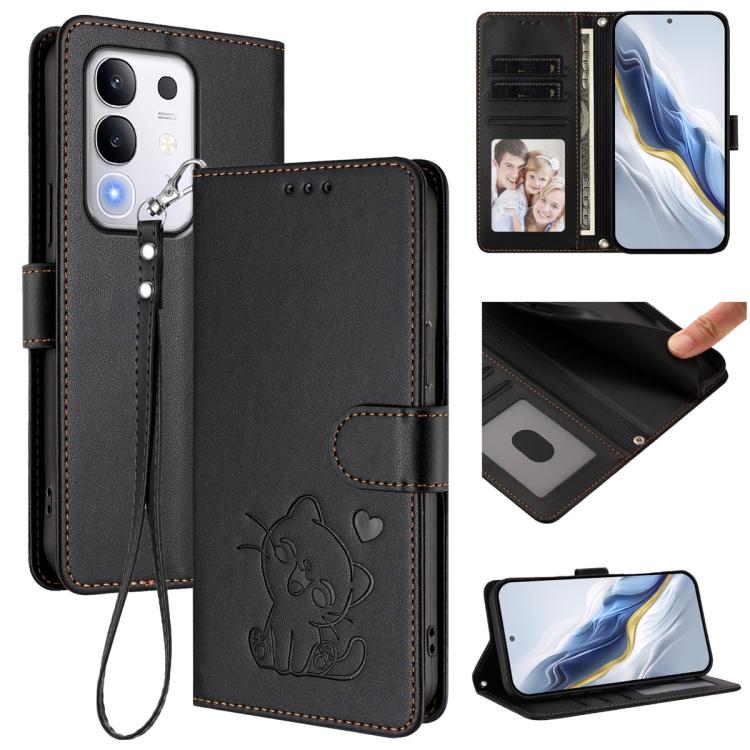 Embossed Heart Cat Leather Phone Case with Hand Strap, For vivo X200s, For vivo iQOO Z10 / Y300 Pro+ / T4, For vivo iQOO Z10x / Y29 4G / T4x / Y300t, For vivo V50 / vivo V50e